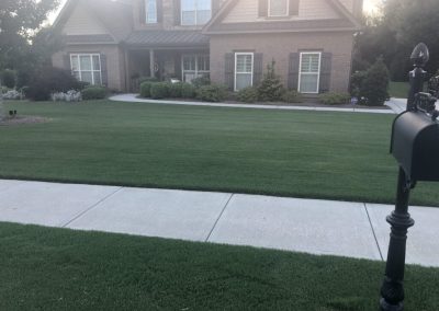 A sidewalk in front of a large house with green lawn.