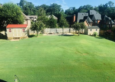 A green field surrounded by a wooden fence and tall trees.