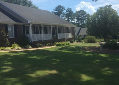 A comforting house in the shade of several trees on a sunny day.