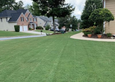 A series of beautiful houses on either side of the road adorned with trees.