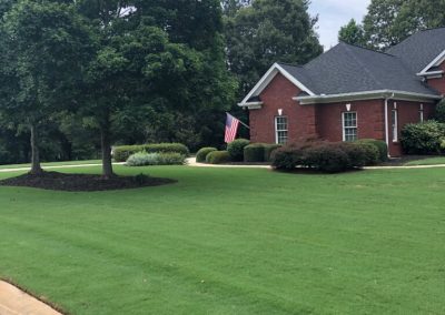 A red brick house with a black roof in the middle of a beautiful green garden surrounded by trees.