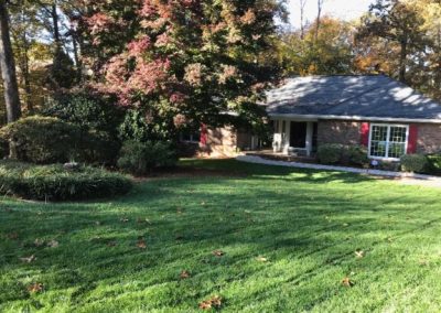 A country house surrounded by trees of different colors.
