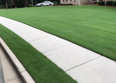 A sidewalk next to a large green courtyard.