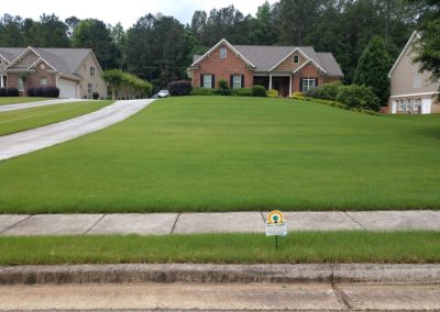 An All Turf sign in the middle of a yard in front of a house surrounded by trees.
